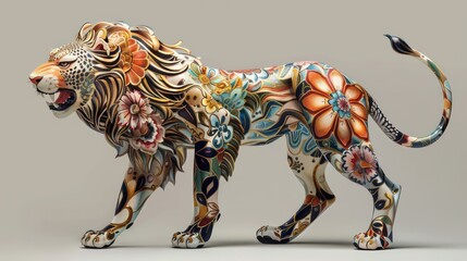 A colorful lion with flowers painted on its body