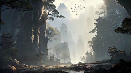 Wall Mural - Traditional pagodas among majestic karst pillars ai generated illustration. Fog enshrouds silent, chinese ancient valley wallpaper scene artwork. Serene mountains background image digital art concept