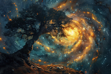 surreal tree with cosmic background