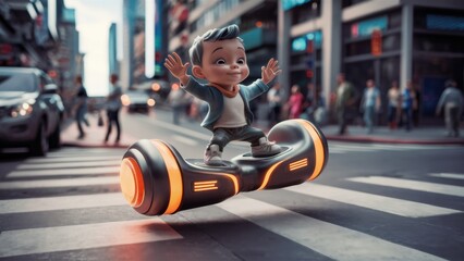 Poster - A cartoon character riding a hoverboard on the street, AI