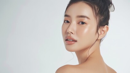 skin care. korean woman with beauty face touching healthy facial skin portrait. beautiful smiling as