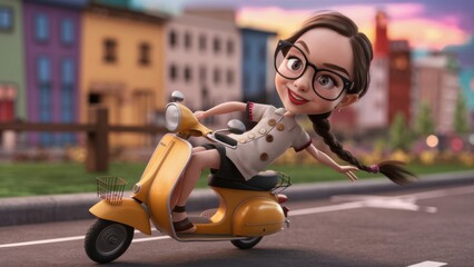 Poster - A cartoon girl riding a scooter on the street, AI