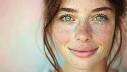 A beautiful woman with brown hair and freckles Beautiful young woman with flawless skin. Portrait of a beautiful model wearing natural nude makeup. Spa, skincare, and wellbeing. White background