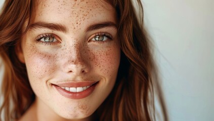 A beautiful woman with brown hair and freckles Beautiful young woman with flawless skin. Portrait of a beautiful model wearing natural nude makeup. Spa, skincare, and wellbeing. White background