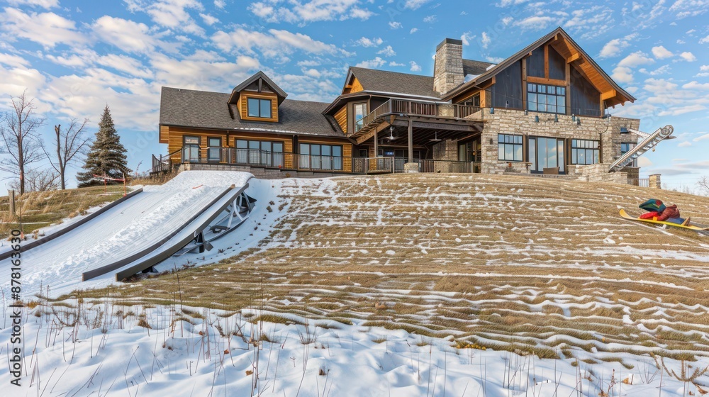 Ranch house with a custom-designed sledding hill in the backyard ...