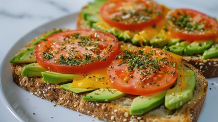 Wall Mural - Avocado cheddar and tomato toast Vegetarian sandwiches Plant based whole foods Ideal for breakfast or lunch