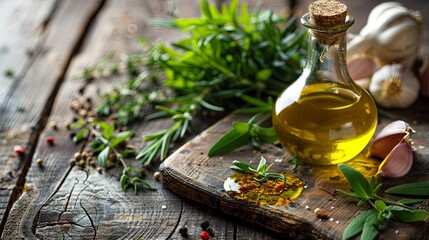 Aufkleber - A rustic wooden table is adorned with fresh herbs like rosemary, thyme, and oregano, alongside garlic cloves and a bottle of olive oil.