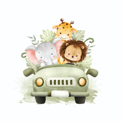 Watercolor Illustration Cute Baby Safari Animals in Car