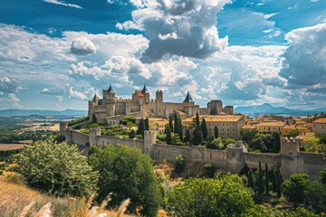 Wall Mural - Medieval France. Scenic View of Carcassone Castle and Tower Against Summer Sky