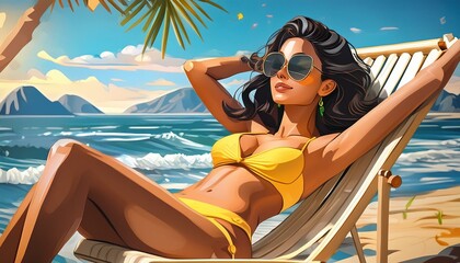 Poster - brunette woman wearing yellow bikini sunbathing and relaxing on the beach