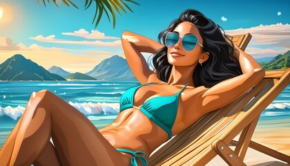 Sticker - brunette woman wearing turquoise bikini sunbathing and relaxing on the beach