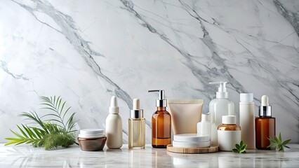 Poster - Minimalist skincare products on marble countertop, skincare, beauty, minimalism, curated, arrangement, elegant, luxury, white