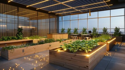 An office with a rooftop lounge, featuring sustainable garden beds and a solar-powered lighting system for evening events