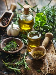 Wall Mural - A close-up of a rustic wooden table with fresh herbs like rosemary, thyme, and oregano, a garlic clove, and two bottles of olive oil.