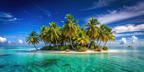 Sticker - Palm trees on a small island with clear blue skies and turquoise waters, tropical, paradise, vacation, beach, tranquil