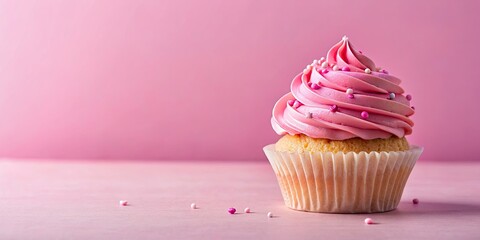 Poster - Cupcake with pink frosting and sprinkles on pink background, cupcake, pink, frosting, sprinkles, dessert, sweet, bakery