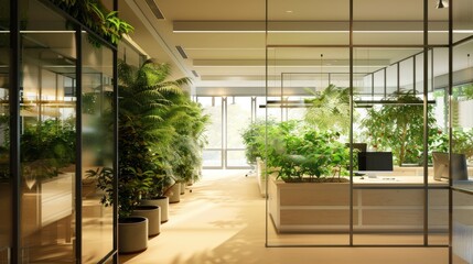 An office with a smart irrigation system for the indoor plant life, ensuring optimal growth and air quality