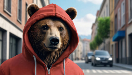 bear standing in a street, wearing a red hoodie, with buildings and cars in the background