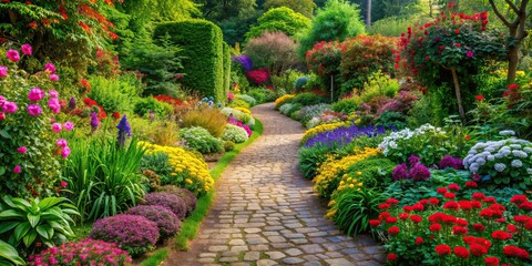 Poster - Path in a serene garden setting surrounded by lush greenery and colorful flowers, nature, tranquil, peaceful, walkway, garden