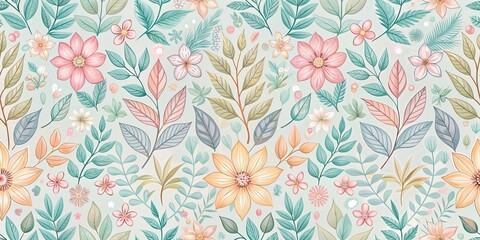 Canvas Print - Elegant seamless pattern with stylized leaves and flowers in pastel colors, pastel, elegant, seamless, pattern, stylized