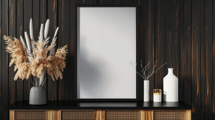 Wall Mural - Mockup poster frame on shelf with aesthetic decor, wooden and black colors. Cozy dark interior. Generative AI