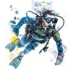 Diver watercolor illustration isolated on transparent. png file for art work.
