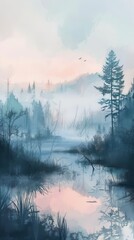 Wall Mural - Sunrise through the fog over a still forest lake