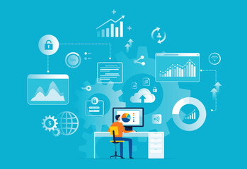 Poster - business finance analysis. flat vector illustration design data analytics research for business planning. and people on monitor report dashboard concept
