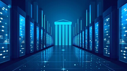 Futuristic data center with glowing blue server racks and a central structure, symbolizing advanced technology and information storage.