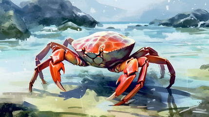 Wall Mural - Crab in a nature Watercolor Style