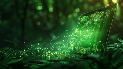 Wall Mural - An abstract illustration of a laptop emitting green light, with a holographic diagram hovering above it, symbolizing the integration of environmentally friendly practices in technology.