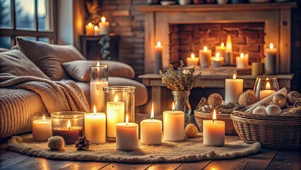 Sticker - Cozy home ambience created by candles , cozy, inviting, atmosphere, comfort, warm, relaxation, decorative, flickering