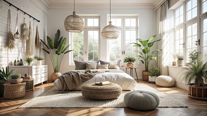 Poster - Calm boho bedroom with soft poufs and natural light for a cozy atmosphere , bohemian, serene, stylish, cozy, tranquil