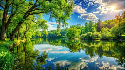 Poster - Landscape featuring lush trees and serene water , nature, outdoors, scenery, tranquil, green, foliage, reflection, calm