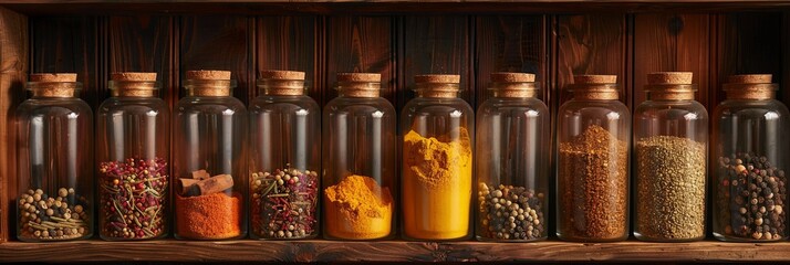 Wall Mural - Glass jars filled with spices like paprika, turmeric, cumin, and oregano, lined up neatly on a wooden shelf with labels.