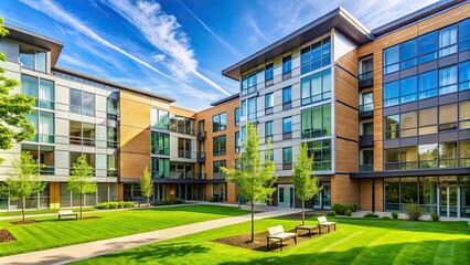 Wall Mural - Modern student residence hall on a college campus with glass windows and green landscaping, Torgersen Hall