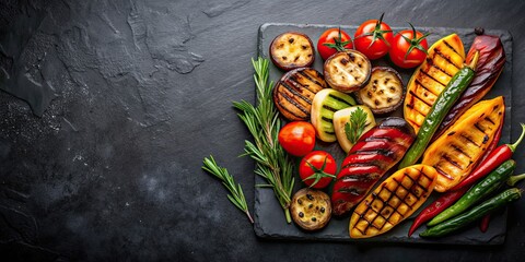 Poster - Grilled vegetables arranged beautifully on a sleek black background, grilled, vegetables, healthy, colorful, food, cuisine