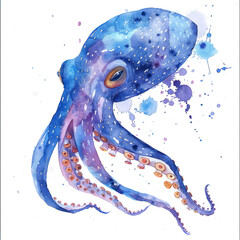 Wall Mural - Squid watercolor illustration isolated on transparent. Sea png file for art work.
