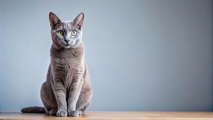 Wall Mural - Russian Blue cat sitting ly , Russian Blue, cat, sitting,elegant, feline, pet, animal, purebred, relax, indoor, domestic, cute, fur