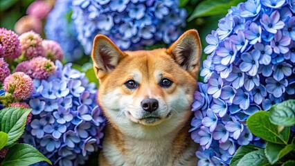 Wall Mural - Adorable Shiba Inu peeking out from amidst in full bloom hydrangeas, Shiba Inu, dog, cute, adorable, hydrangea, flowers, blooming