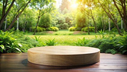 Poster - Round wooden podium with garden view , podium, natural, wood, round, stand, stage, garden, view, outdoor, circular