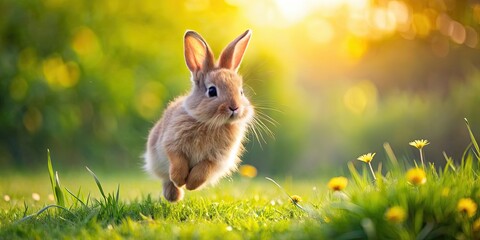 Poster - Fluffy bunny hopping in a vibrant meadow , bunny, fluffy, colorful, meadow, cute, adorable, wildlife, nature, spring, playful, furry