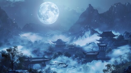 Beautiful mountain landscape with a large blue moon in the sky