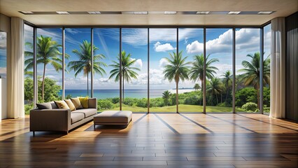 Sticker - Modern home empty living room interior with a panoramic window overlooking the tropics , modern, home