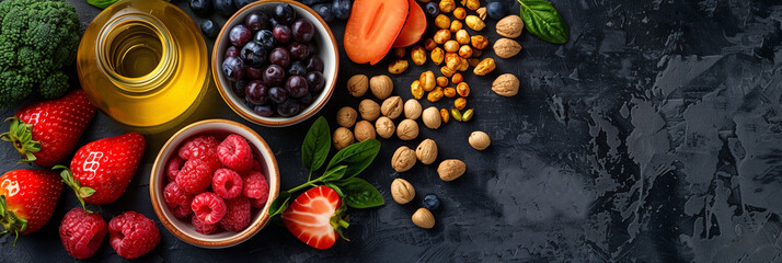 Wall Mural - Table set with fruits, vegetables, olive oil, cereals