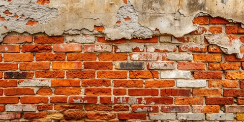 Poster - Close-up shot of an old red brick wall texture backdrop with concrete cement plaster, texture, brick, wall, backdrop, close-up