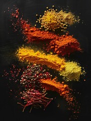 Wall Mural - A close-up image of colorful spices arranged on a black surface. Saffron, curry powder, annatto, and peppercorns create a vibrant and aromatic display.