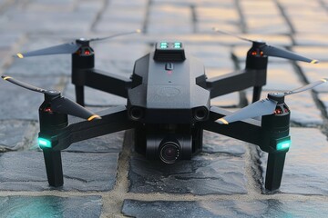 The drone has four propellers, a camera on the front, and green lights on the propellers. It is a small drone, and it is perfect for taking aerial photos and videos