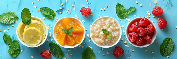 Wall Mural - Fresh fruits, wheats, and porridge from top view on blue background