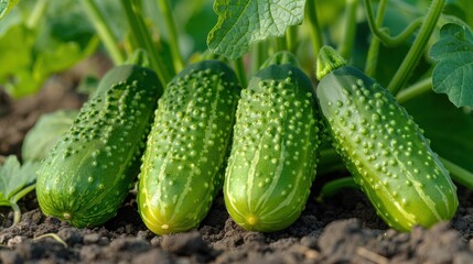 Wall Mural - A close-up of four fresh, ripe cucumbers with vibrant green skin and tiny bumps, laying on the dark, fertile soil in a garden, surrounded by lush green leaves